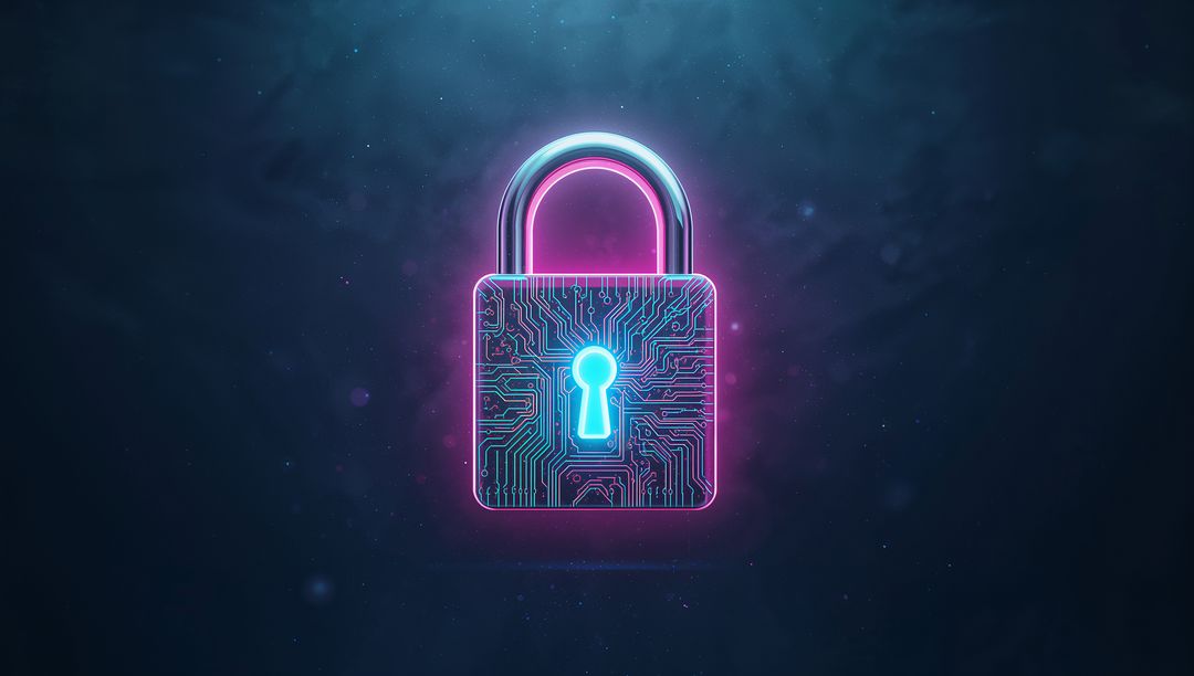 Neon Padlock Displaying Circuit Board Design in Digital Space