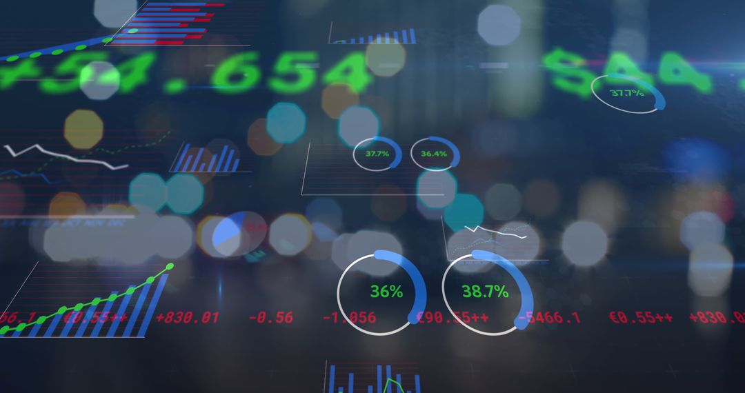 Digital Data Display with Financial Statistics Over Cityscape