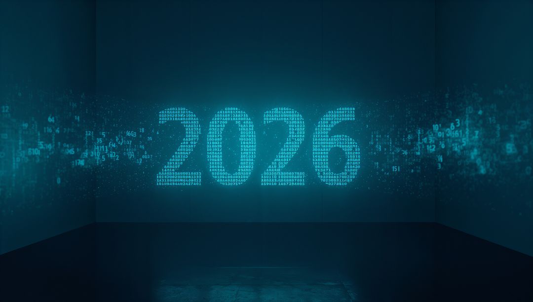 2026 Holographic Digits Projecting Teal Data Stream in Dark Gallery Space