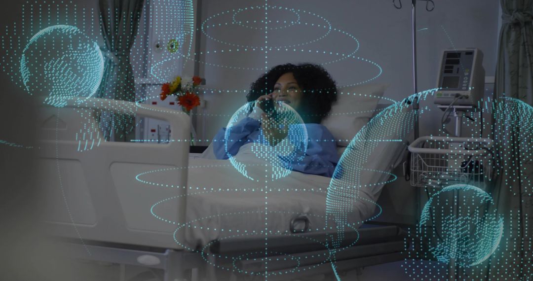 Patient using smartphone for telehealth in hospital bed with holographic data visualization