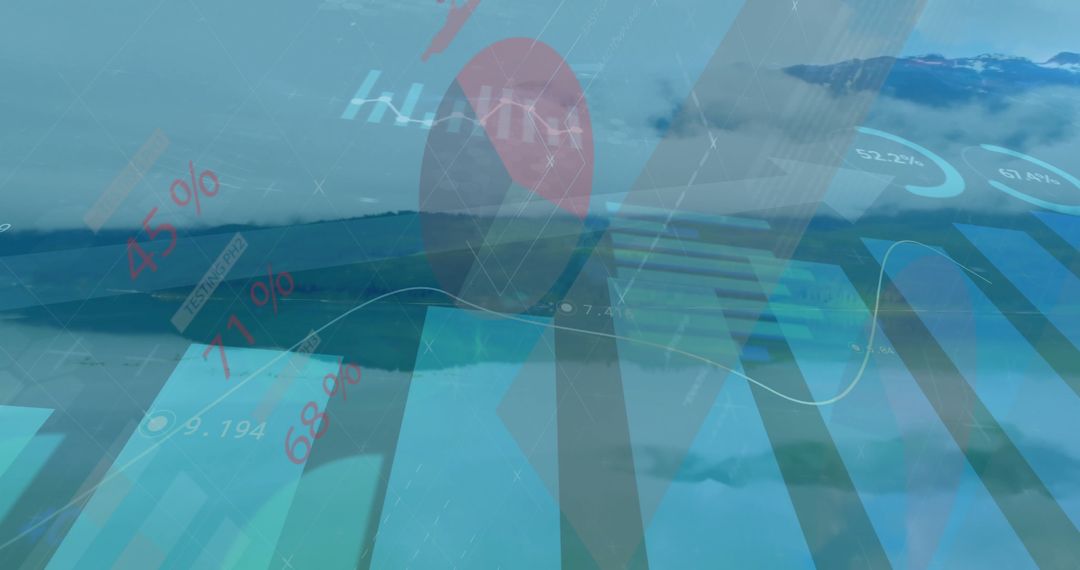Translucent Data Overlays on Scenic Lake with Graphs and Charts
