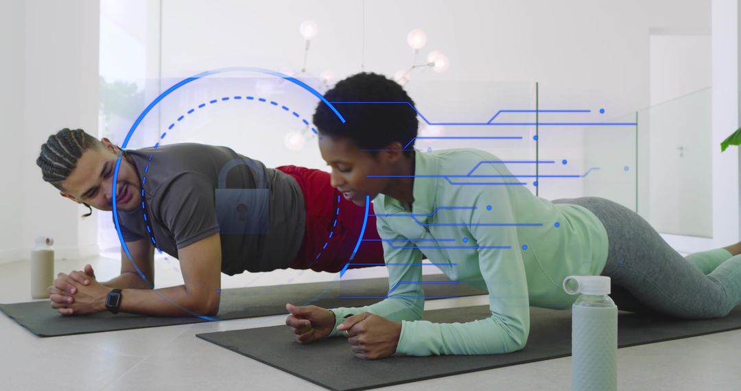 Couple holding forearm plank at-home workout with wearable sensors and digital graphics