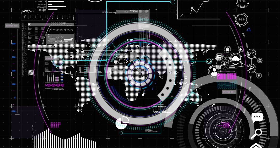 Futuristic World Map Interface with Scanning and Data Visualizations