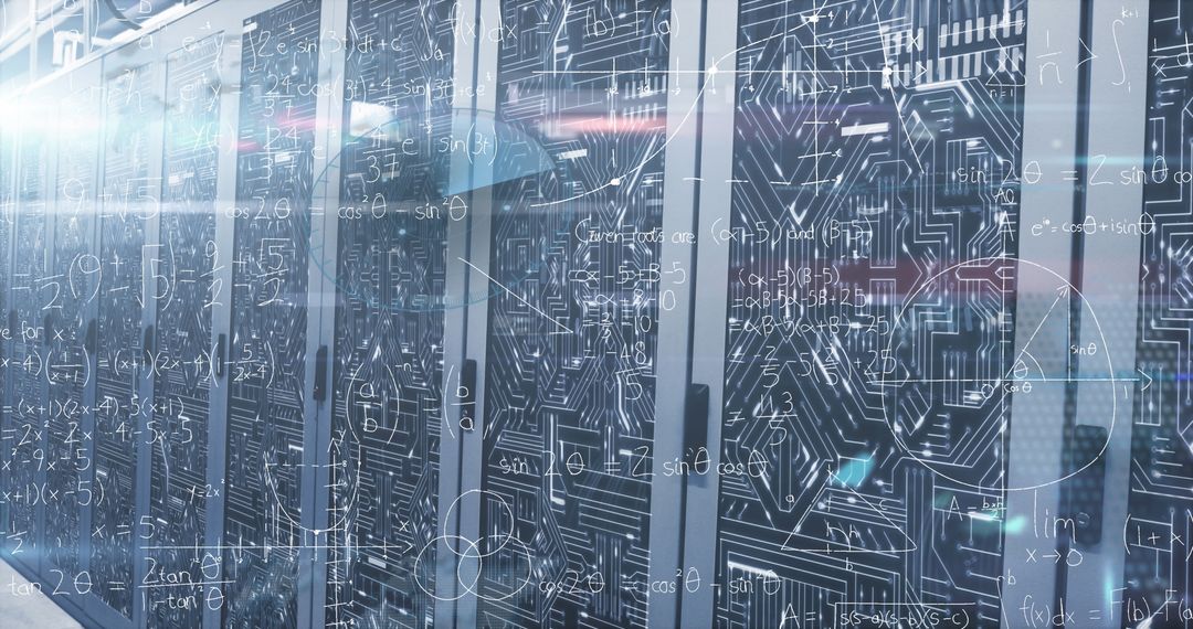 Futuristic Server Room with Digital Data Flow and Security Symbols