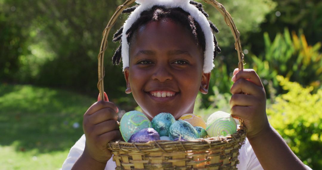 Joyful Girl with Easter Egg Basket in Sunny Garden