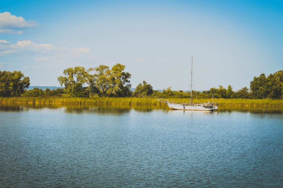 Tranquil Sailboat Anchored By Peaceful Riverside in Evening Sunlight - Free Images, Stock Photos and Pictures on Pikwizard.com