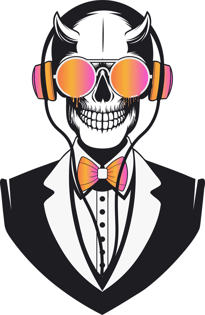 Horned Skull with Headphones on Transparent Background