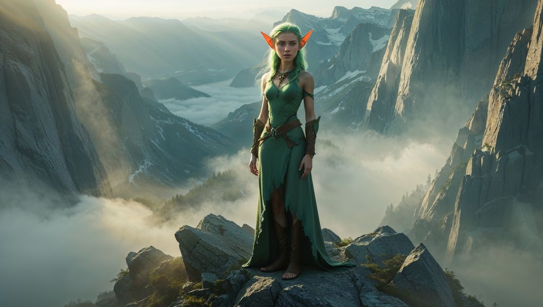 Elf Explorer in Misty Fantasy Mountain Range Adventure