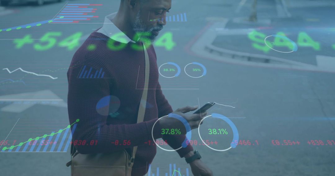 Man Engaging with Augmented Reality Financial Analytics in Urban Setting