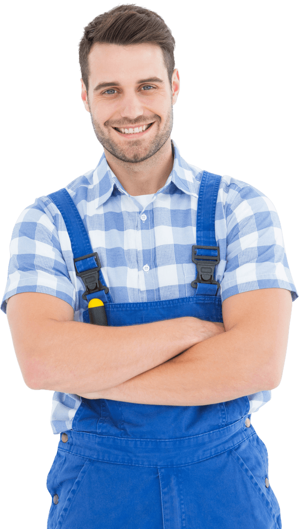 Transparent Male Handyman Smiling with Folded Arms in Overalls