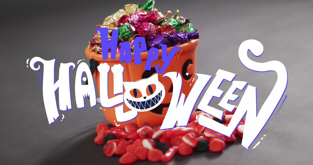 Happy Halloween Text with Pumpkin Bucket and Colorful Sweets