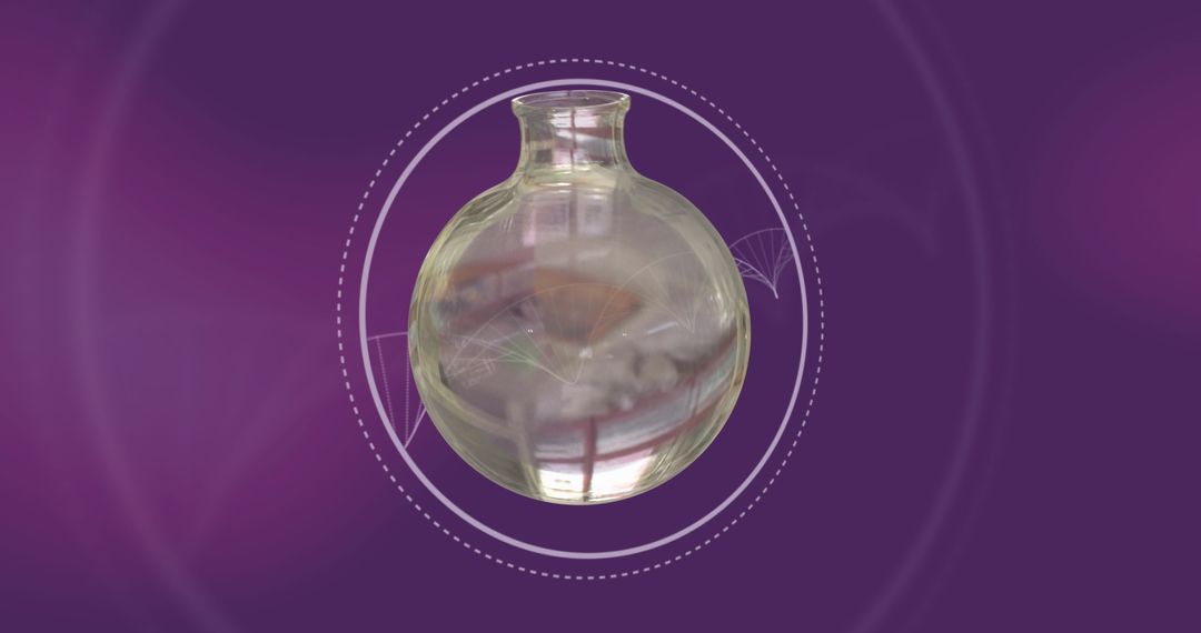 Floating Chemistry Flask Over DNA Chains on Purple Background