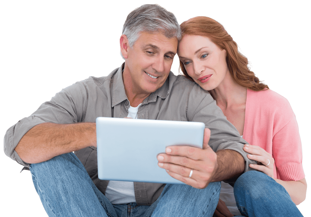 Smiling Mature Couple Engaged with Tablet on Transparent Background