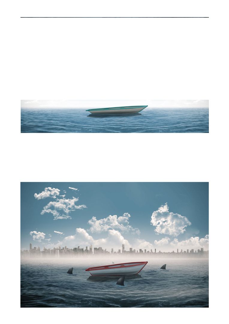 Lonely Boat Among Sharks in Vast Ocean Beneath Dramatic Sky