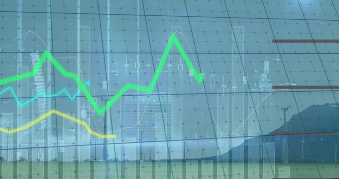 Digital Financial Chart Overlapping Cityscape and Countryside