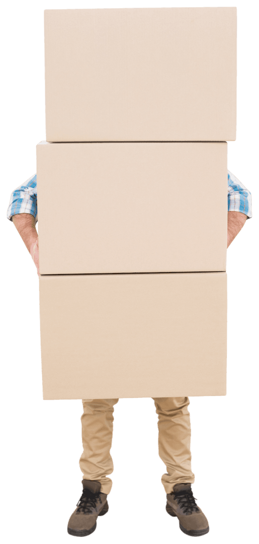 Caucasian Man Balancing Multiple Cardboard Boxes on Transparent Background