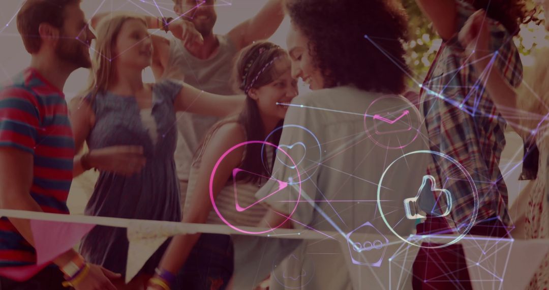 Young Adults Dancing at Outdoor Event with Social Media Interaction Icons