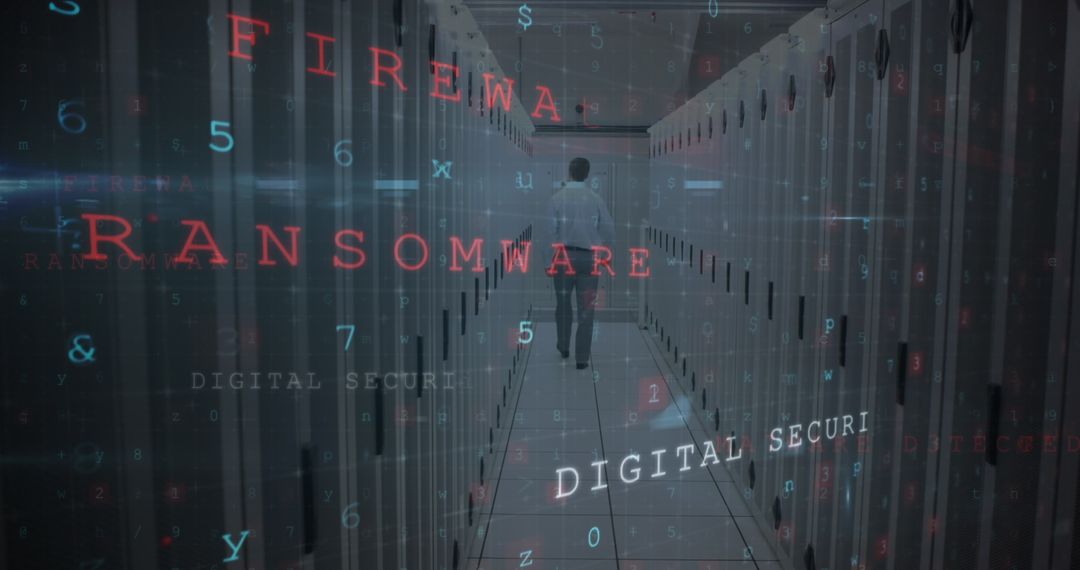 Cybersecurity Warning Displayed Over Man in Server Room