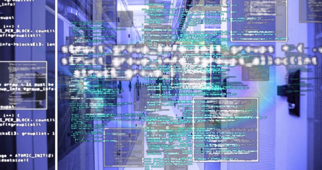 Streaming Code Overlays in Illuminated Server Rack Corridor with Blue LED Glow and Panels