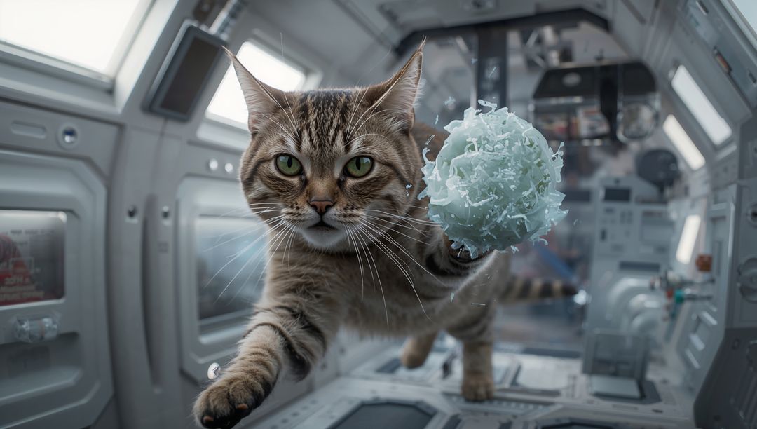 Tabby Cat Floating in Space Module Pawing Shredded Ball in Zero Gravity Habitat