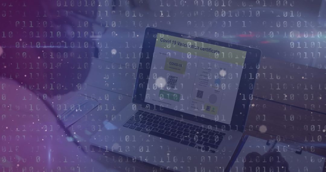 Digital Vaccine Certificate on Laptop with Tech Overlay