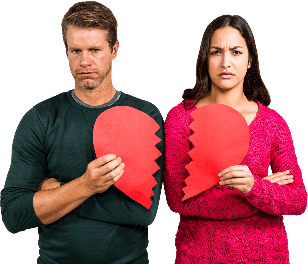 Transparent Serious Couple Holding Broken Heart Symbol