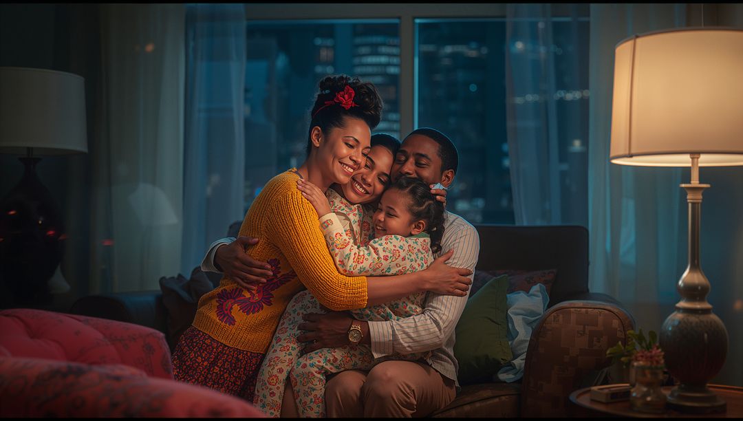 Cozy Family Bonding Time with Evening Hug at Home