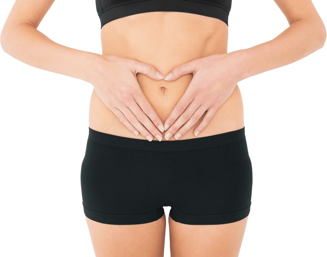 Transparent Fitness Model Displaying Heart Shape on Stomach