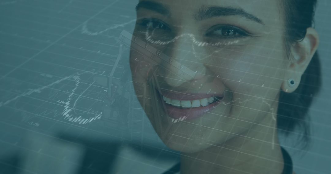 Smiling Professional Woman with Digital Financial Data Overlay