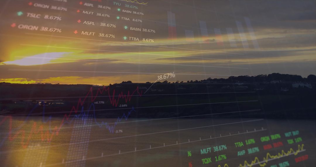 Serenity and Finance Fusion: Sunset over Lake with Data Visualizations