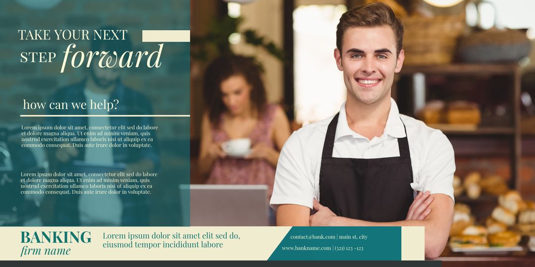 Confident Barista in Café Promoting Financial and Business Services