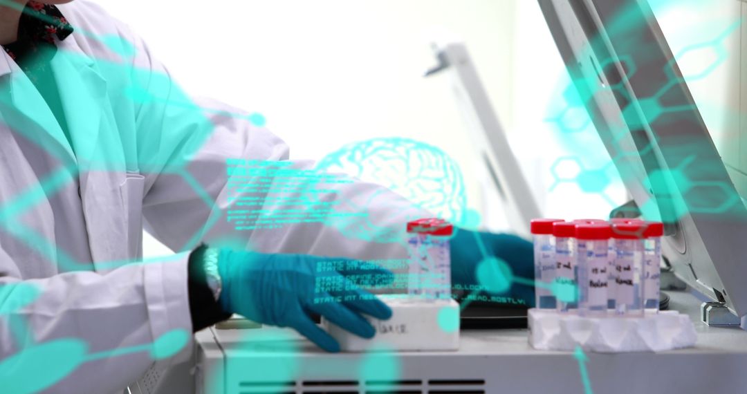 Scientist Handling Samples with Digital Data Overlay in Modern Laboratory