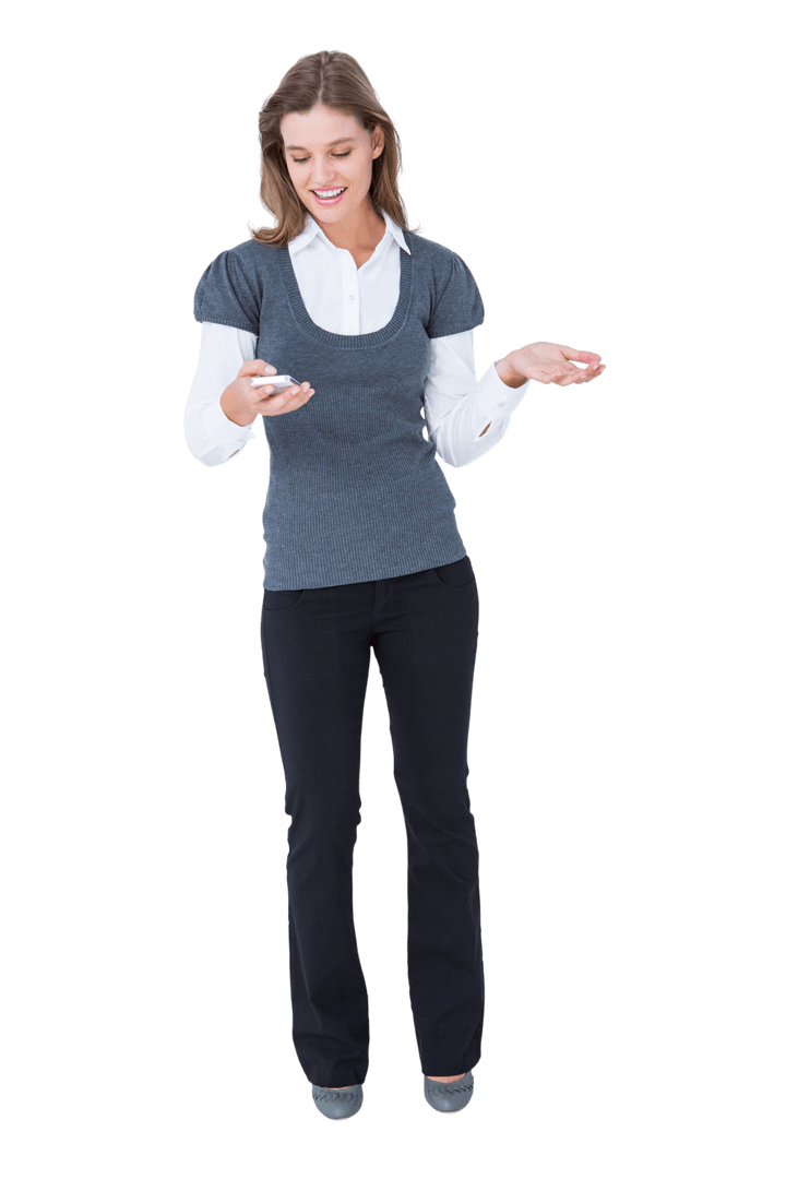 Transparent Happy Woman Using Smartphone While Smiling