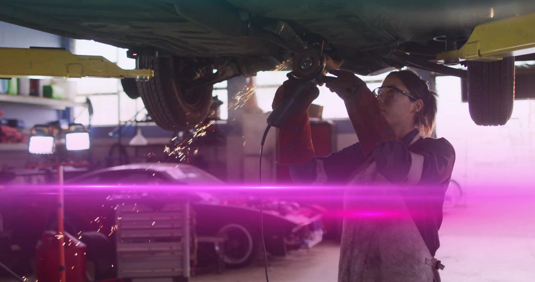 Female Mechanic Grinding Car Underside with Sparks in Garage Workshop