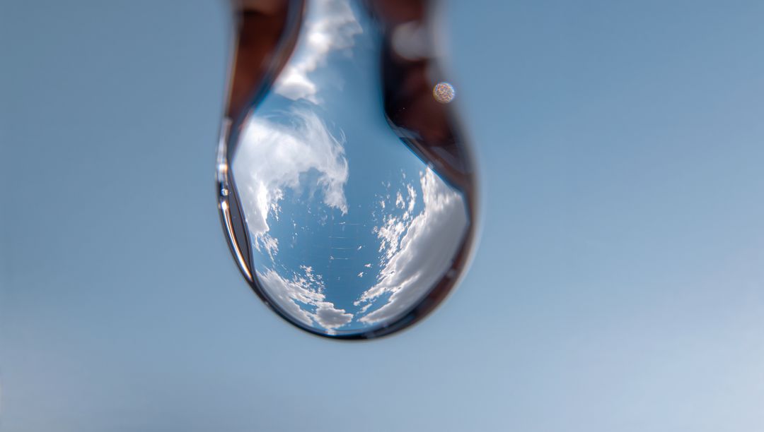 Reflecting Sky in Single Water Droplet Revealing Inverted Clouds and Blue Horizon