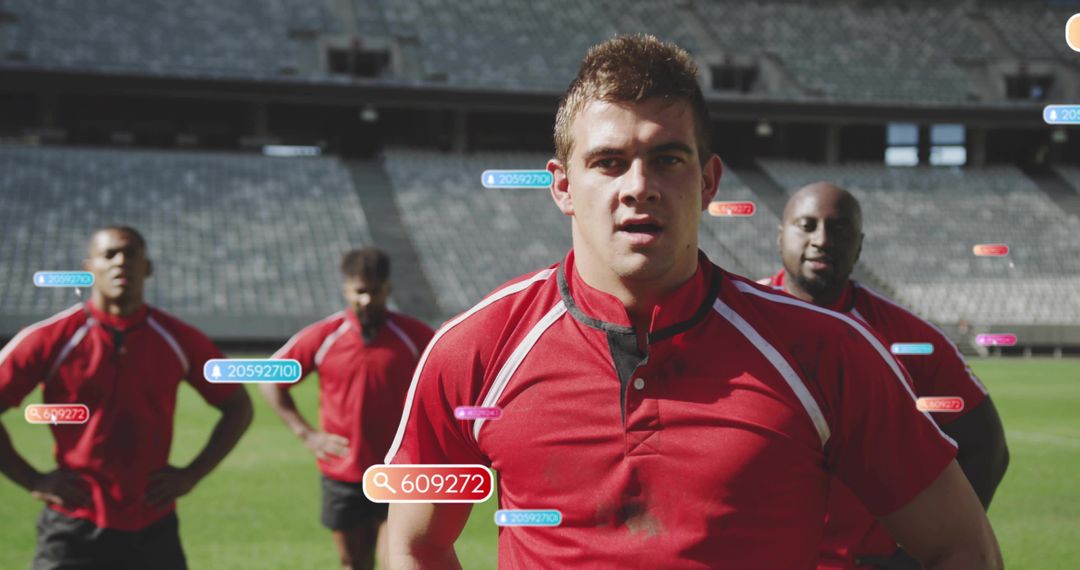 Rugby Players Standing on Pitch Wearing Red Jerseys with Digital Performance Tags