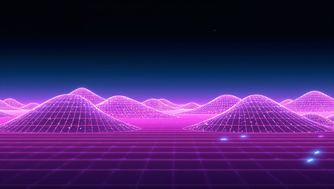 Neon Wireframe Hills on Retro Futuristic Synthwave Grid Horizon with Glowing Particles