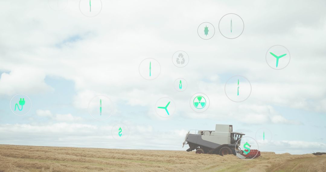 Digital Interface Icons Above Wheat Field with Harvesting Machinery