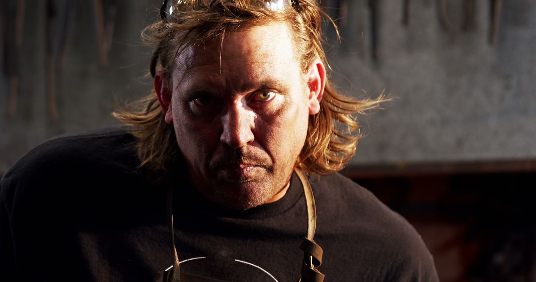 Focused Blacksmith in Dimly Lit Workshop Creating Masterpiece