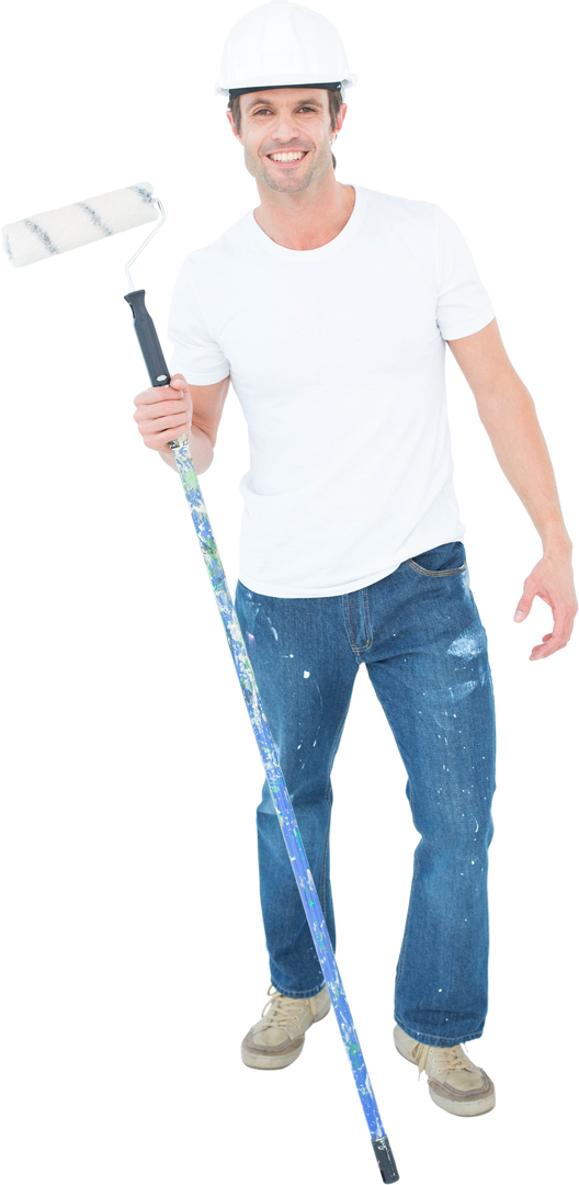 Transparent image of smiling painter in hard hat holding paint roller - Download Free Stock Images Pikwizard.com