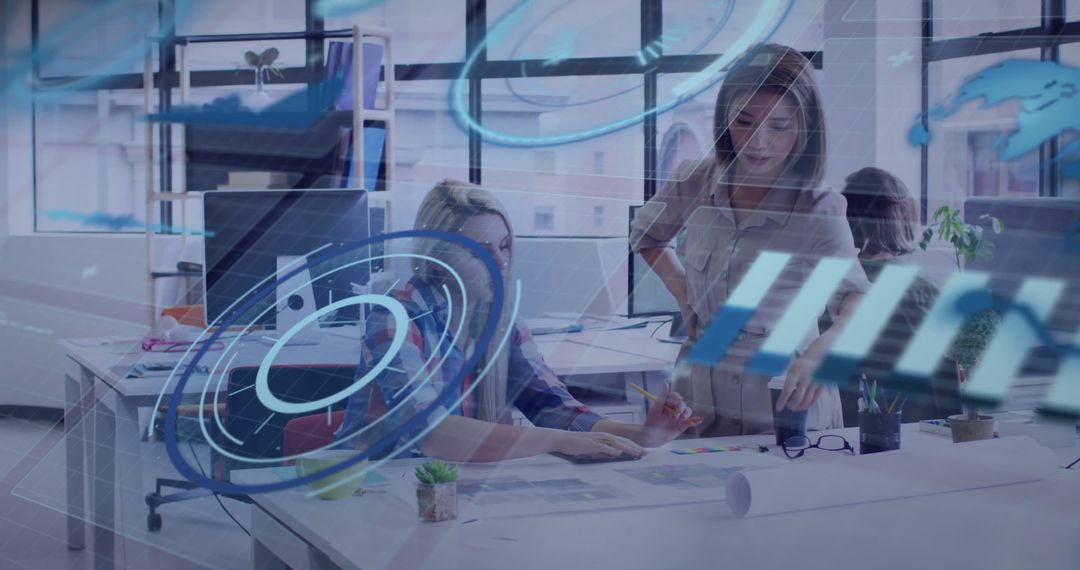 Collaborative Team Analyzing Digital Information in Tech Office