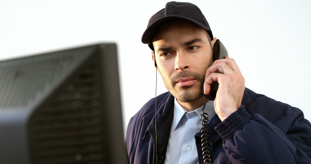 Professional Security Guard Communicating via Telephone - Free Images, Stock Photos and Pictures on Pikwizard.com