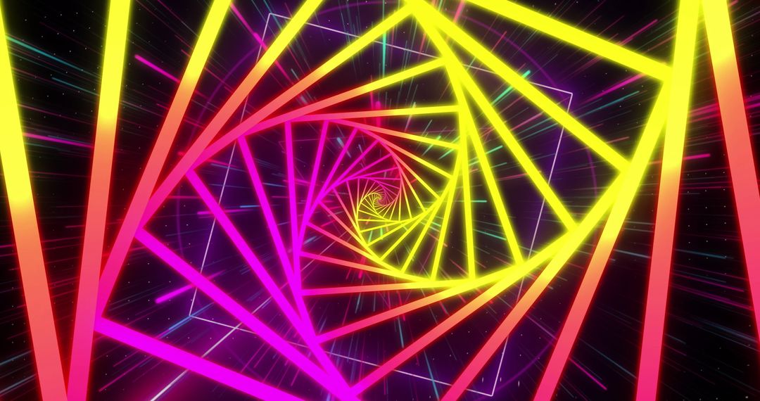 Vibrant Neon Geometric Spiral with Light Trails on Black
