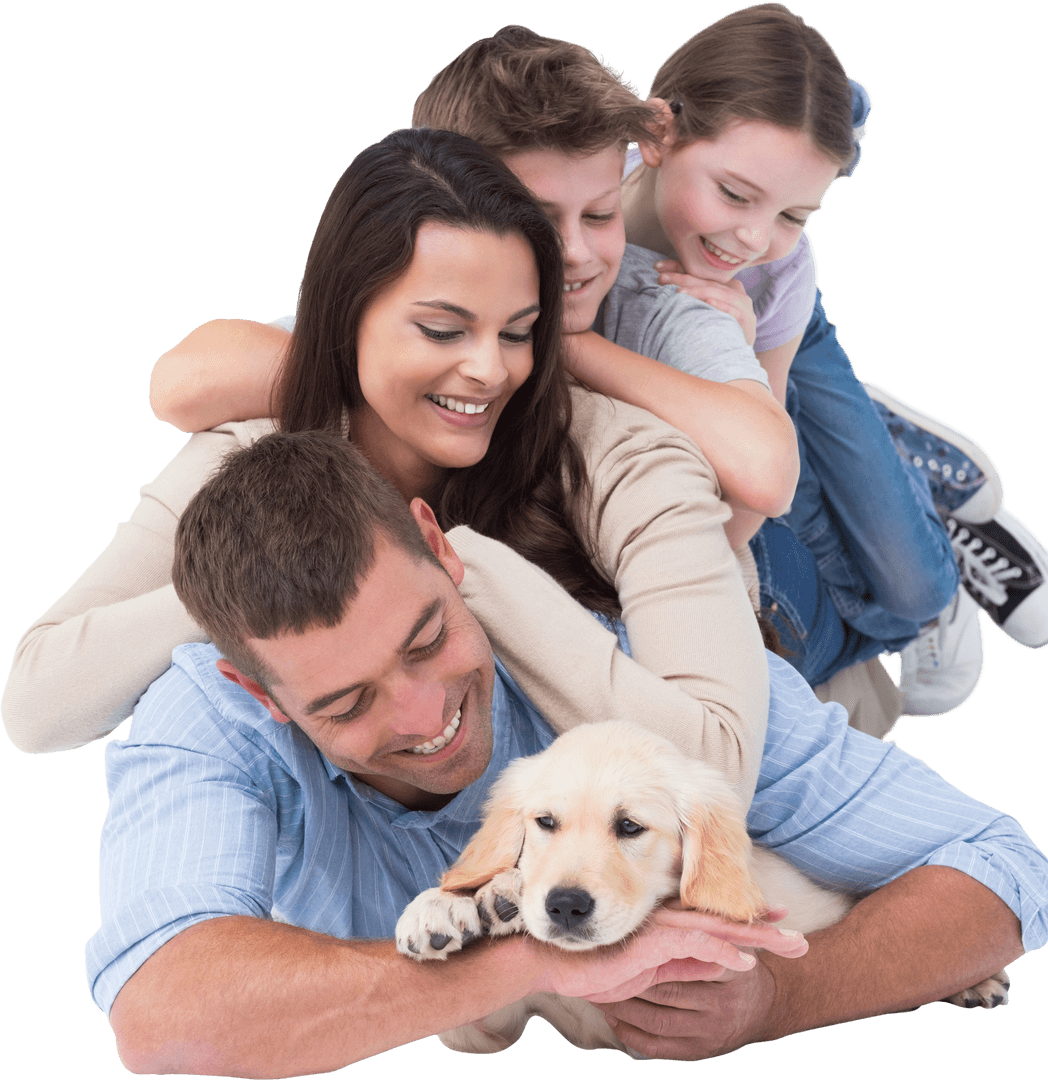 Transparent Happy Family Smiling with Puppy in Pile