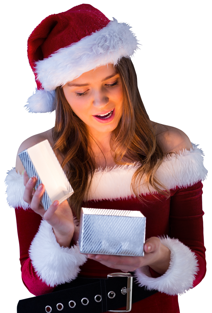 Woman in Santa Hat Opening Gift Box with Surprise, Isolated on Transparent Background - Download Free Stock Images Pikwizard.com