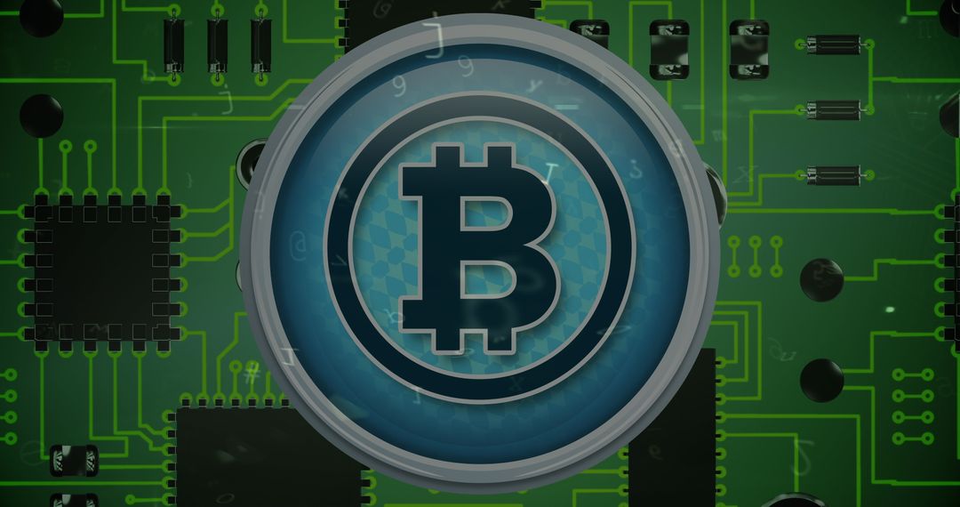 Digital Bitcoin Lock on Circuit Board Background