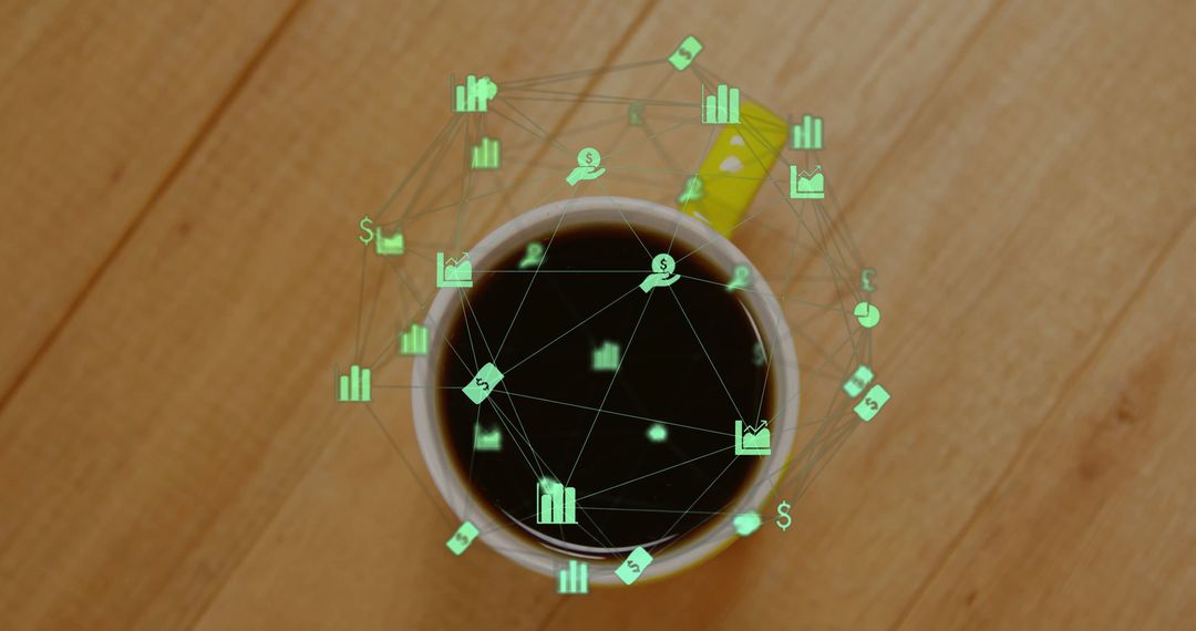 Overhead View of Coffee Mug with Digital Financial Icons Concept