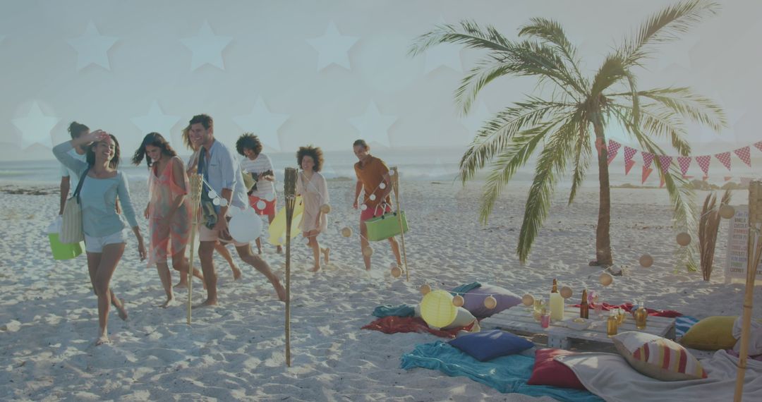 Diverse Group Enjoying Beach Day with Picnic Setup