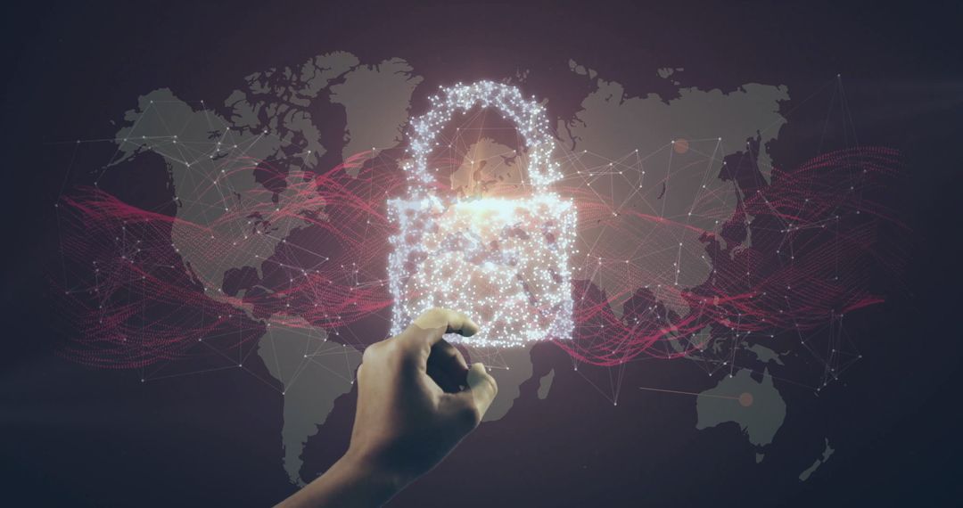 Hand Interacting with Digital Padlock on Global Network