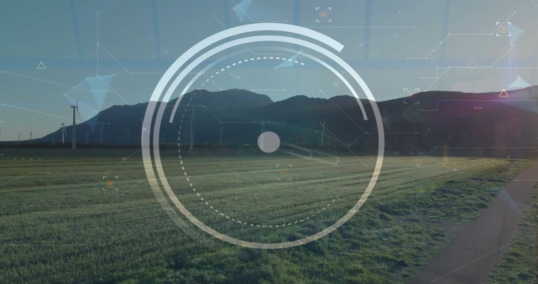 Futuristic Data Processing Landscape with Wind Turbines Visualization